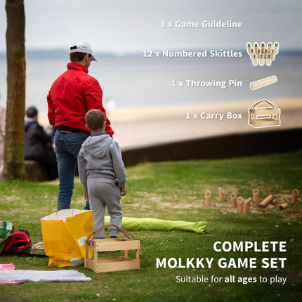 Molkky Game, Wooden Skittles Throwing Game with 12 Skittles, 1 Throwing Pin and Carrying Box, Outdoor Games for Adults, Garden, Picnic, Beach, Party