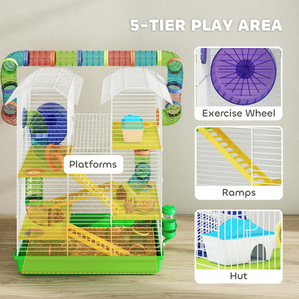 Hamster Cage, 5 Tier Carrier Habitat with Exercise Wheels Tunnel Tube Water Bottle Dishes House Ladder, Gerbil Cage for Dwarf Mice, Green