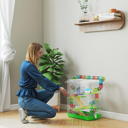Hamster Cage, 5 Tier Carrier Habitat with Exercise Wheels Tunnel Tube Water Bottle Dishes House Ladder, Gerbil Cage for Dwarf Mice, Green