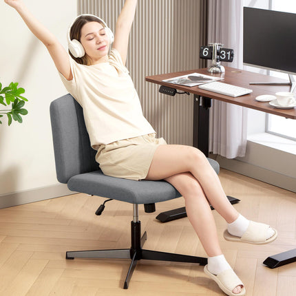 Armless Office Chair No Wheels, Linen Fabric Criss Cross Legged Desk Chair with Wide Seat, Thick Padding, Tilt Function, Height Adjustable Swivel Computer Seat for Home, Grey