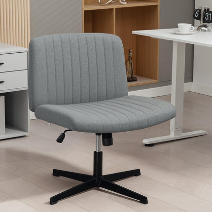Armless Office Chair No Wheels, Linen Fabric Criss Cross Legged Desk Chair with Wide Seat, Thick Padding, Tilt Function, Height Adjustable Swivel Computer Seat for Home, Grey