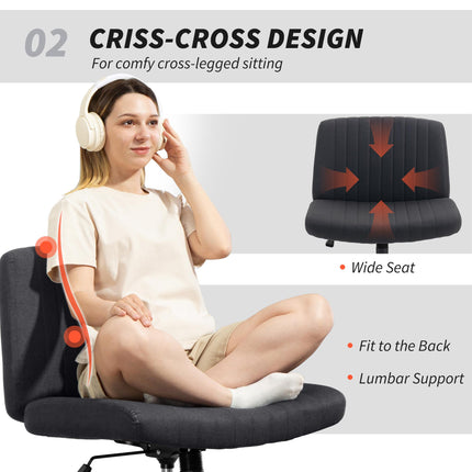 Armless Office Chair No Wheels, Linen Fabric Criss Cross Legged Desk Chair with Wide Seat, Thick Padding, Tilt Function, Height Adjustable Swivel Computer Seat for Home, Black