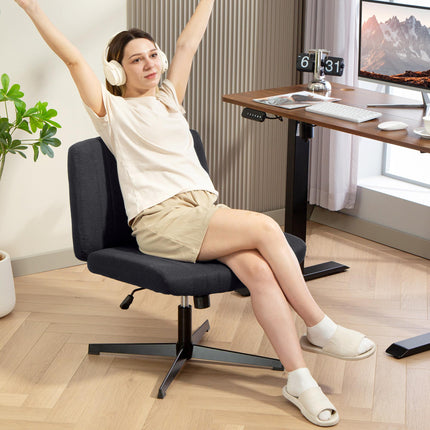 Armless Office Chair No Wheels, Linen Fabric Criss Cross Legged Desk Chair with Wide Seat, Thick Padding, Tilt Function, Height Adjustable Swivel Computer Seat for Home, Black