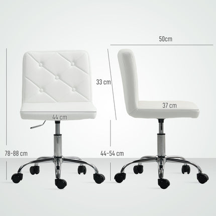 PU Leather Armless Office Chair, Modern Vanity Computer Swivel Chair with Rolling Wheels and Adjustable Height for Home Study, Bedroom, White