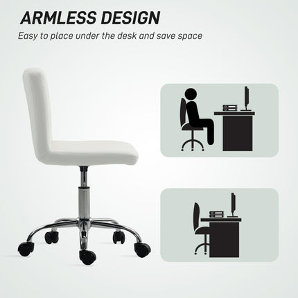 PU Leather Armless Office Chair, Modern Vanity Computer Swivel Chair with Rolling Wheels and Adjustable Height for Home Study, Bedroom, White