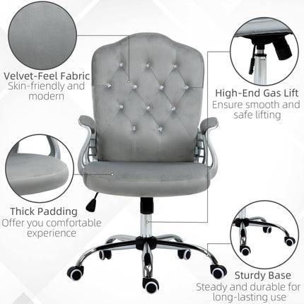 Velvet-Feel Work Chair, with Diamante Back - Grey