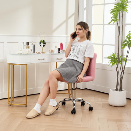 PU Leather Armless Office Chair, Modern Vanity Computer Swivel Chair with Rolling Wheels and Adjustable Height for Home Study, Bedroom, Pink