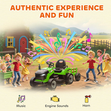 12V Ride on Tractor and Trailer with Remote Control, Music, Shifter, Start-Up Sound, for Kids Ages 3-8 Years, Green