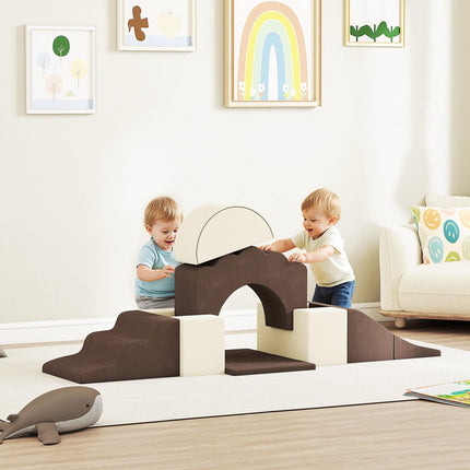 7 Piece Kids Soft Play Set with Detachable Cover, Baby Indoor Climb and Crawl Foam Toy for Toddlers, Preschoolers, Brown