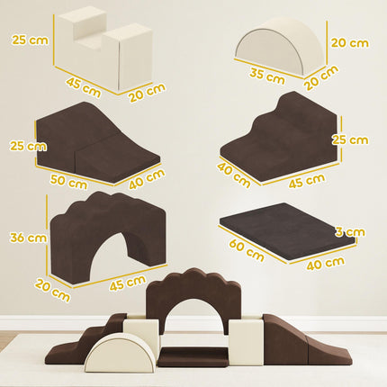7 Piece Kids Soft Play Set with Detachable Cover, Baby Indoor Climb and Crawl Foam Toy for Toddlers, Preschoolers, Brown