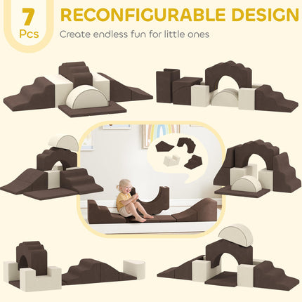 7 Piece Kids Soft Play Set with Detachable Cover, Baby Indoor Climb and Crawl Foam Toy for Toddlers, Preschoolers, Brown