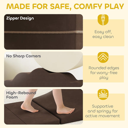 7 Piece Kids Soft Play Set with Detachable Cover, Baby Indoor Climb and Crawl Foam Toy for Toddlers, Preschoolers, Brown