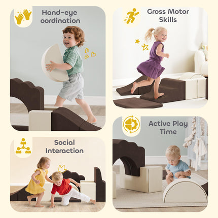 7 Piece Kids Soft Play Set with Detachable Cover, Baby Indoor Climb and Crawl Foam Toy for Toddlers, Preschoolers, Brown