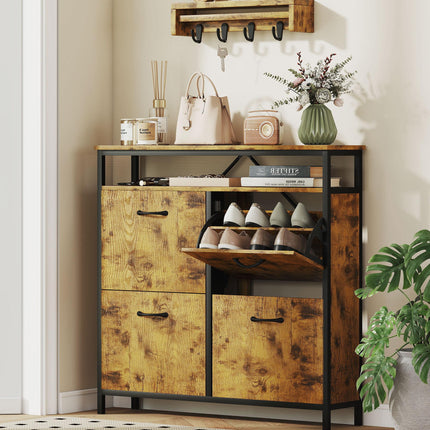Shoe Storage Cabinet with 4 Flip Drawers and Open Shelf - Rustic Brown