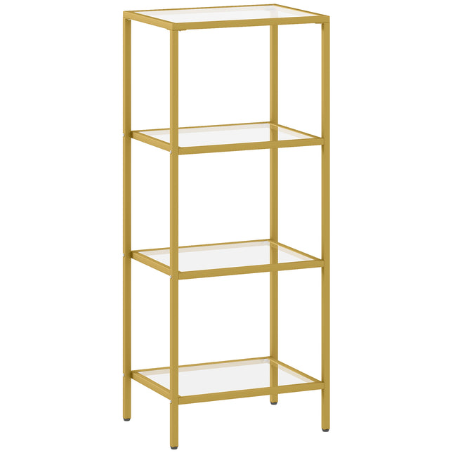 4-Tier Shelving Unit, Glass Shelf, Vertical Storage Shelf for Living Room, Home Office, Bedroom, Bathroom, Gold Tone