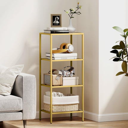 4-Tier Shelving Unit, Glass Shelf, Vertical Storage Shelf for Living Room, Home Office, Bedroom, Bathroom, Gold Tone