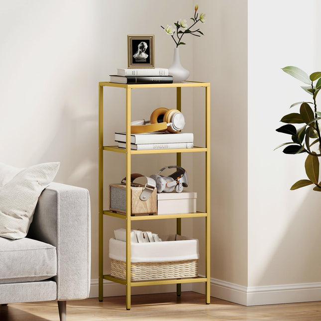 4-Tier Shelving Unit, Glass Shelf, Vertical Storage Shelf for Living Room, Home Office, Bedroom, Bathroom, Gold Tone