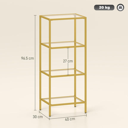 4-Tier Shelving Unit, Glass Shelf, Vertical Storage Shelf for Living Room, Home Office, Bedroom, Bathroom, Gold Tone