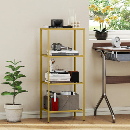 4-Tier Shelving Unit, Glass Shelf, Vertical Storage Shelf for Living Room, Home Office, Bedroom, Bathroom, Gold Tone