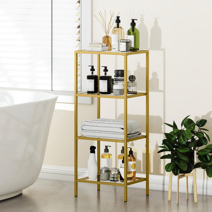 4-Tier Shelving Unit, Glass Shelf, Vertical Storage Shelf for Living Room, Home Office, Bedroom, Bathroom, Gold Tone