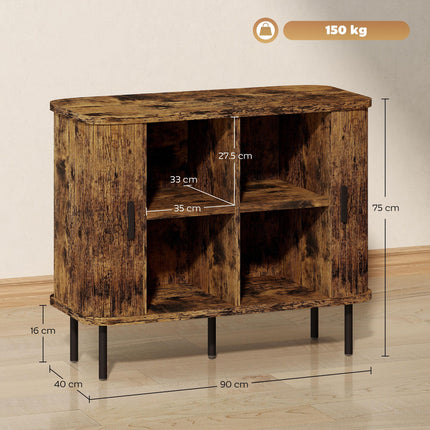 HOMCOM Mid-Century Modern Sideboard Storage Cabinet with Slatted Tambour Sliding Doors, Kitchen Cabinet with Steel Legs, Rustic Brown