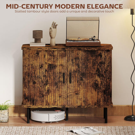 HOMCOM Mid-Century Modern Sideboard Storage Cabinet with Slatted Tambour Sliding Doors, Kitchen Cabinet with Steel Legs, Rustic Brown