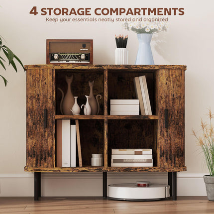 HOMCOM Mid-Century Modern Sideboard Storage Cabinet with Slatted Tambour Sliding Doors, Kitchen Cabinet with Steel Legs, Rustic Brown