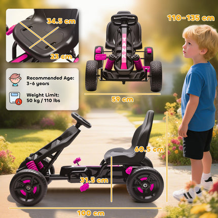 Pedal Go Kart for Kids Aged 3-6 Years, with Freewheel System, Brake, EVA Anti-Slip Wheels, Pink