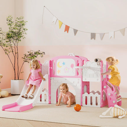 7 in 1 Toddler Slide Set with Basketball Hoop, Climbing Frame, Telescope, Drawin
