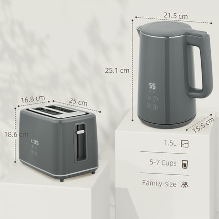 Digital Stainless Steel Kettle and Toaster Set, 1.5L 3000W Fast Boil Kettle, 2 Slice Toaster with 7 Level Browning Controls, Defrost, Reheat, Keep Warm, Crumb Tray and LED Touch Display, Grey
