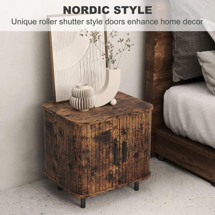 Nightstand with Sliding Doors and Metal Legs Rustic Brown