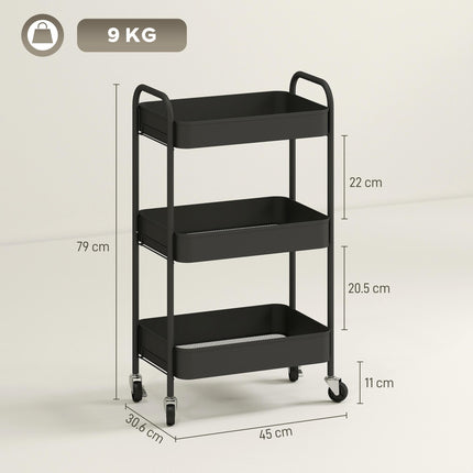 Three-Tier Steel Storage Trolley - Black
