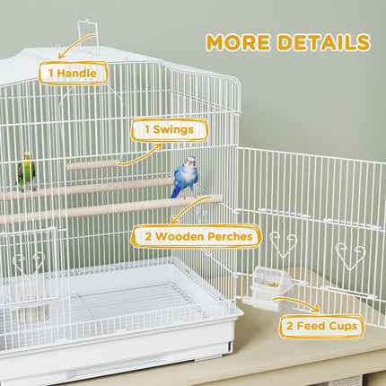 Large Metal Bird Cage with Perches, Food Bowls, Swing, for Budgies, Parakeets, White