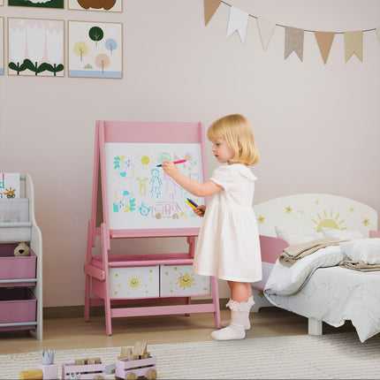 Art Easel for Kids, Double-Sided Whiteboard/Blackboard with Paper Roll, Two Storage Boxes, for Ages 3-8 Years, Pink