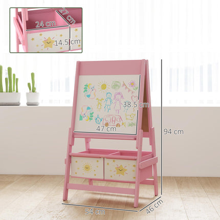 Art Easel for Kids, Double-Sided Whiteboard/Blackboard with Paper Roll, Two Storage Boxes, for Ages 3-8 Years, Pink