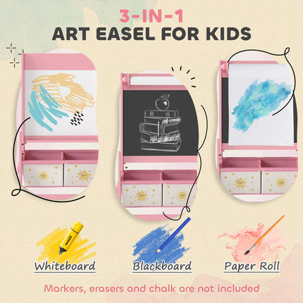 Art Easel for Kids, Double-Sided Whiteboard/Blackboard with Paper Roll, Two Storage Boxes, for Ages 3-8 Years, Pink