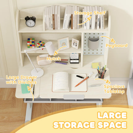 Kids Desk Height Adjustable with Tilt-Desktop, Hutch, Drawer, Storage Shelf, Pegboard, for 3-12 Years Old, Natural