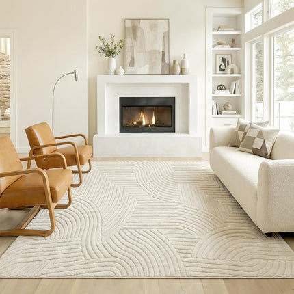 Modern Geometric Rug, Thick Plush, Non-Slip, 200 x 140 cm – Cream, Living Room/Bedroom/Office