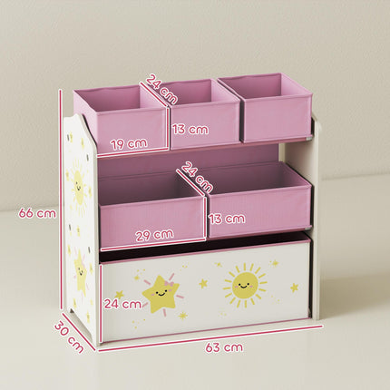Kids Toy Storage Units, 3-Tier Toy Organiser Shelf with 6 Removable Boxes for Kids, Bedroom, Playroom, Pink