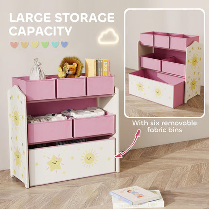Kids Toy Storage Units, 3-Tier Toy Organiser Shelf with 6 Removable Boxes for Kids, Bedroom, Playroom, Pink