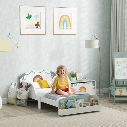 Toddler Bed with Storage, Guardrails, Lion Design, for Ages 3-8 Years, Fits 140 x 70cm Mattress, Green