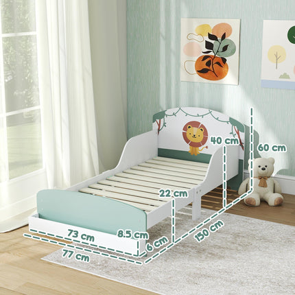 Toddler Bed with Storage, Guardrails, Lion Design, for Ages 3-8 Years, Fits 140 x 70cm Mattress, Green