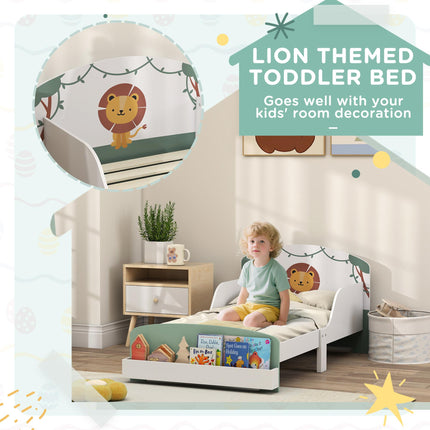 Toddler Bed with Storage, Guardrails, Lion Design, for Ages 3-8 Years, Fits 140 x 70cm Mattress, Green