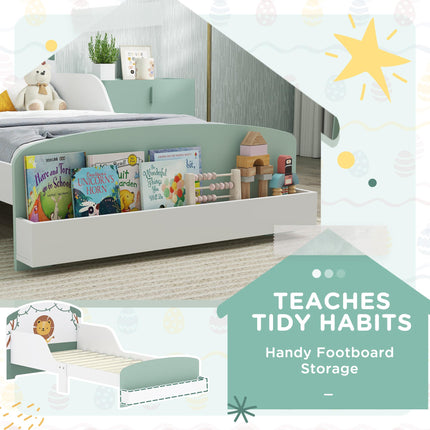 Toddler Bed with Storage, Guardrails, Lion Design, for Ages 3-8 Years, Fits 140 x 70cm Mattress, Green