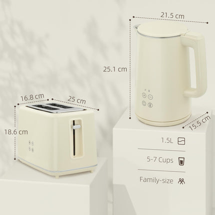 Digital Stainless Steel Kettle and Toaster Set, 1.5L 3000W Fast Boil Kettle, 2 Slice Toaster with 7 Level Browning Controls, Defrost, Reheat, Keep Warm, Crumb Tray and LED Touch Display, Beige