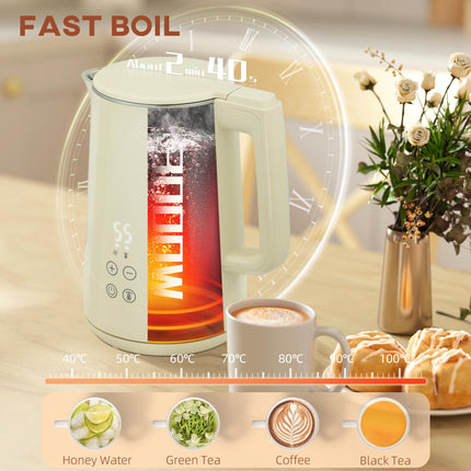 Digital Stainless Steel Kettle and Toaster Set, 1.5L 3000W Fast Boil Kettle, 2 Slice Toaster with 7 Level Browning Controls, Defrost, Reheat, Keep Warm, Crumb Tray and LED Touch Display, Beige