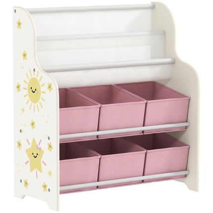 Kids Storage Unit, Toy Organiser with 6 Fabric Drawers and 2-Tier Sling Book Rack for Bedroom, Playroom, Nursery, Pink