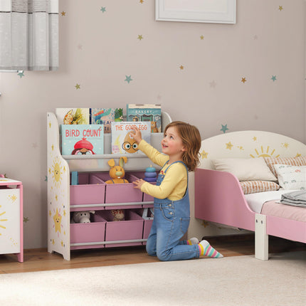 Kids Storage Unit, Toy Organiser with 6 Fabric Drawers and 2-Tier Sling Book Rack for Bedroom, Playroom, Nursery, Pink