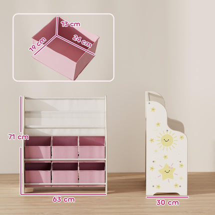 Kids Storage Unit, Toy Organiser with 6 Fabric Drawers and 2-Tier Sling Book Rack for Bedroom, Playroom, Nursery, Pink