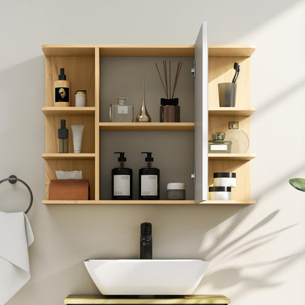 Bathroom Mirror Cabinet with Open Storage Shelves - Natural Wood Finish